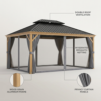 12 Ft. X 16 Ft. Double Roof Hardtop Wood Grain Aluminum Patio Gazebo with Netting and Gray Curtains — Lifestyle