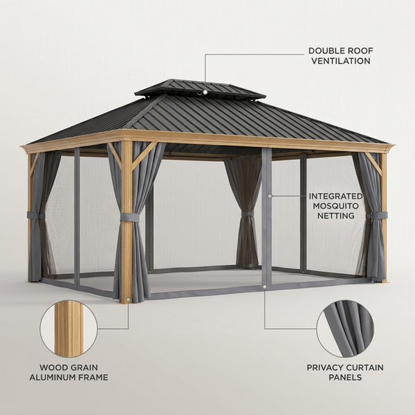12 Ft. X 16 Ft. Double Roof Hardtop Wood Grain Aluminum Patio Gazebo with Netting and Gray Curtains