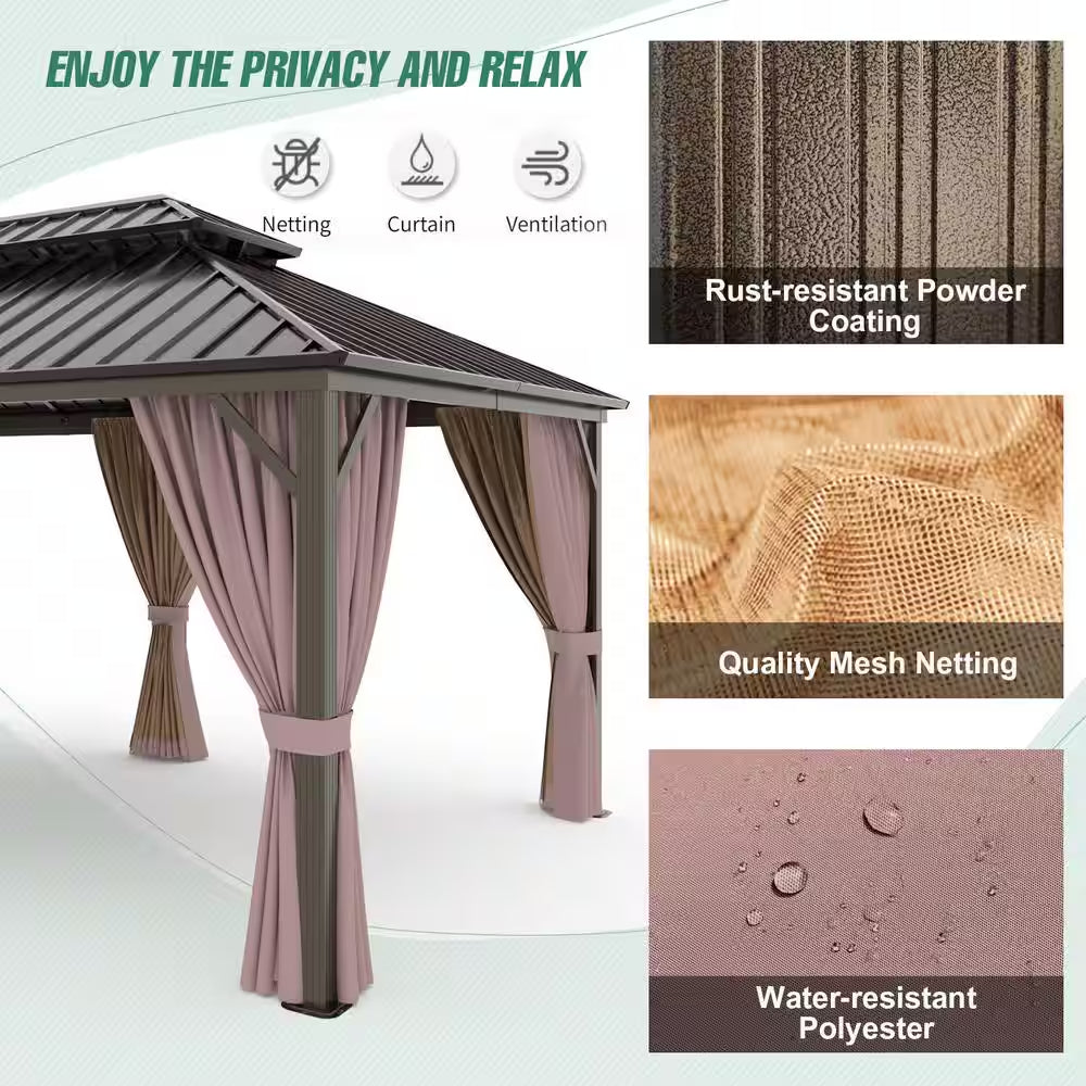 12 Ft. X 20 Ft. Brown Extra-Large Hardtop Patio Gazebo with Double Roof, with Breathable Netting and Privacy Sidewalls