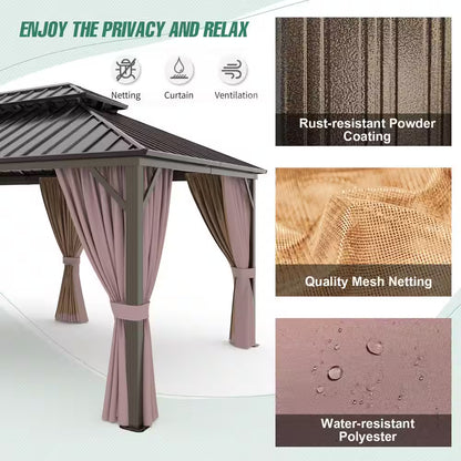 12 Ft. X 20 Ft. Brown Extra-Large Hardtop Patio Gazebo with Double Roof, with Breathable Netting and Privacy Sidewalls