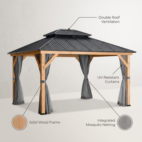 11 Ft. X 13 Ft. Double Roof Hardtop Wooden Patio Gazebo with Netting and Gray Curtains