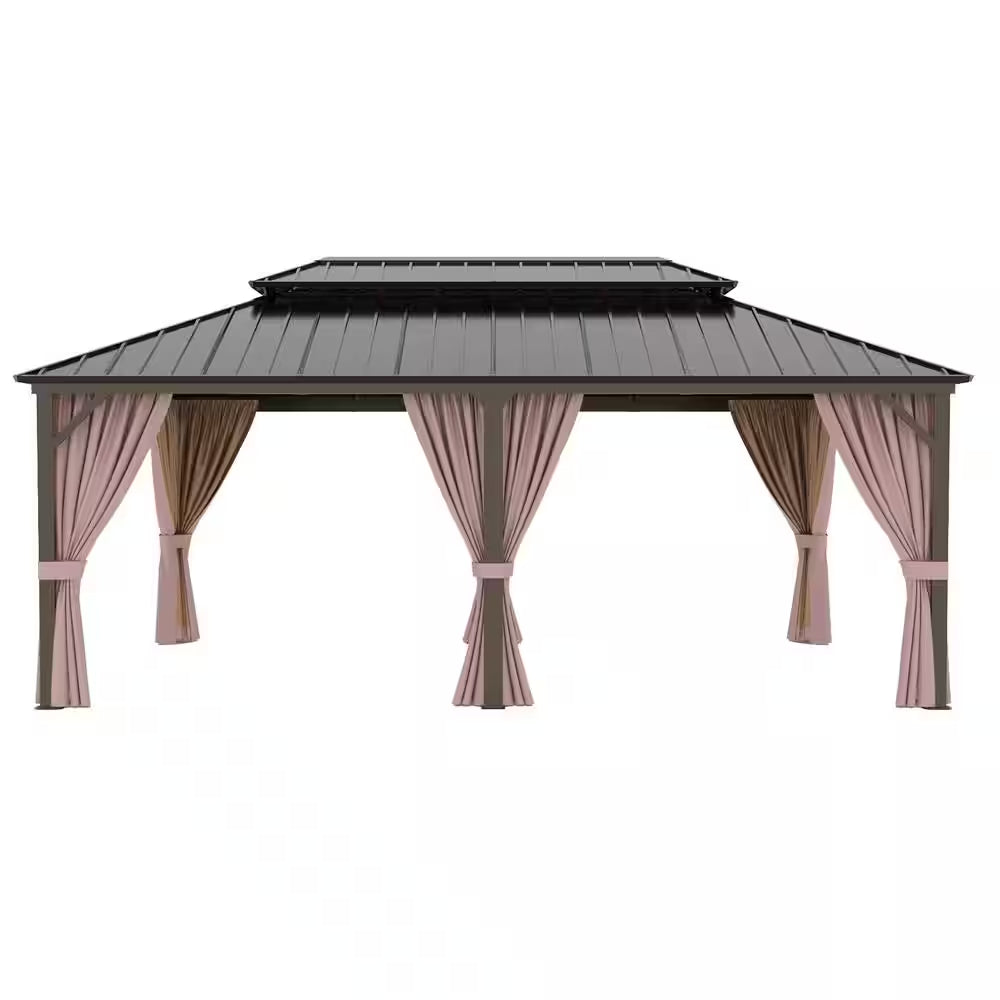 12 Ft. X 20 Ft. Brown Extra-Large Hardtop Patio Gazebo with Double Roof, with Breathable Netting and Privacy Sidewalls