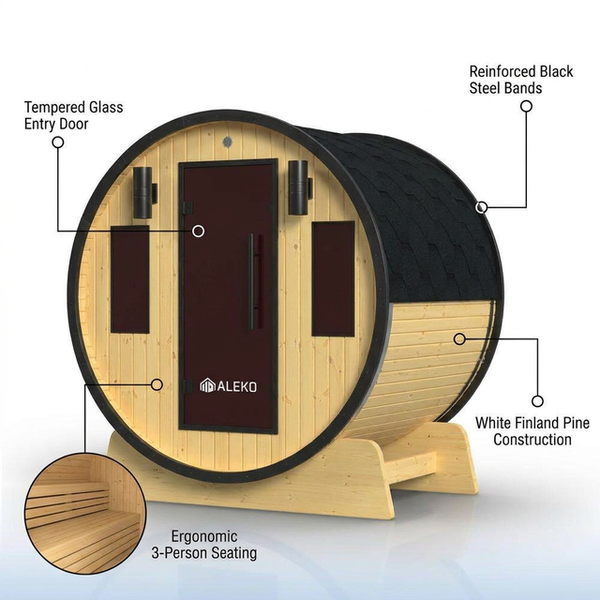 3-Person Capacity Outdoor White Finland Pine Wet/Dry Traditional Barrel Sauna with Black Accents