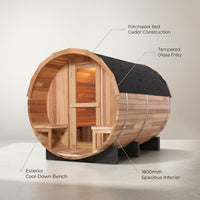 6-Person Patchworkred Cedar Traditional Steam Barrel Sauna — Lifestyle
