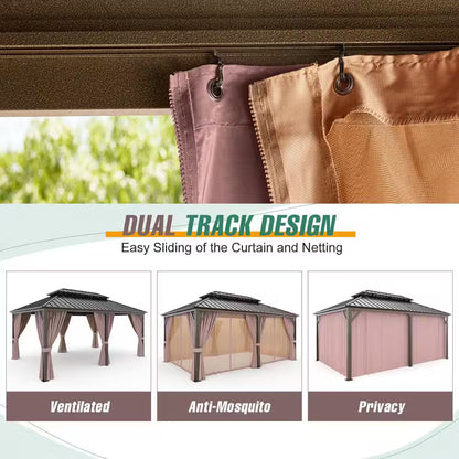 12 Ft. X 20 Ft. Brown Extra-Large Hardtop Patio Gazebo with Double Roof, with Breathable Netting and Privacy Sidewalls