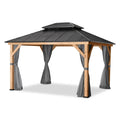 11 Ft. X 13 Ft. Double Roof Hardtop Wooden Patio Gazebo with Netting and Gray Curtains