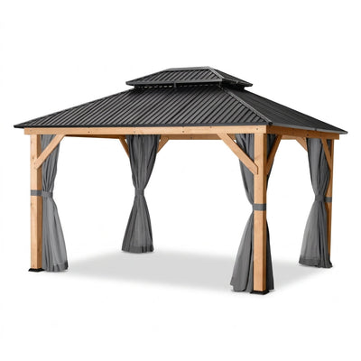 11 Ft. X 13 Ft. Double Roof Hardtop Wooden Patio Gazebo with Netting and Gray Curtains