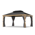 12 Ft. X 16 Ft. Double Roof Hardtop Wood Grain Aluminum Patio Gazebo with Netting and Gray Curtains