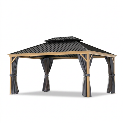 12 Ft. X 16 Ft. Double Roof Hardtop Wood Grain Aluminum Patio Gazebo with Netting and Gray Curtains