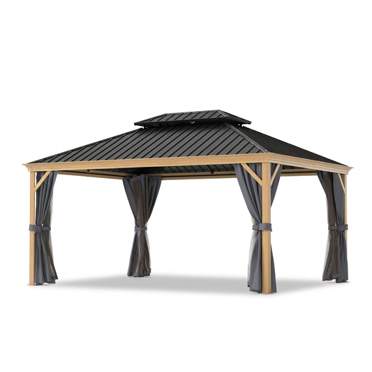 12 Ft. X 16 Ft. Double Roof Hardtop Wood Grain Aluminum Patio Gazebo with Netting and Gray Curtains — Studio Shot