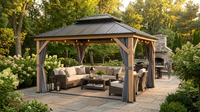 11 Ft. X 13 Ft. Double Roof Hardtop Wooden Patio Gazebo with Netting and Gray Curtains — Lifestyle