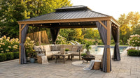 12 Ft. X 16 Ft. Double Roof Hardtop Wood Grain Aluminum Patio Gazebo with Netting and Gray Curtains — Lifestyle